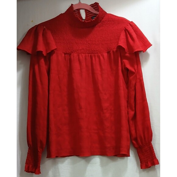 SHEIN Raspberry Red Textured Ruffle Trim High Neck Blouse XS L/S Chic Top LNC - Picture 1 of 7
